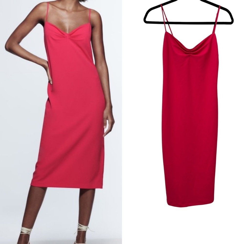 Zara Hot Pink Ruched Bodycon Midi Dress | XS | Spaghetti Strap